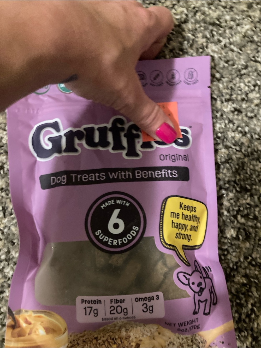 Gruffy’s original dog treats with benefits, six super foods, protein, fiber omeg